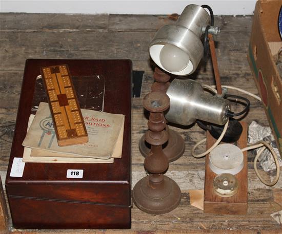 Writing slope, cribbage board, candlesticks, etc